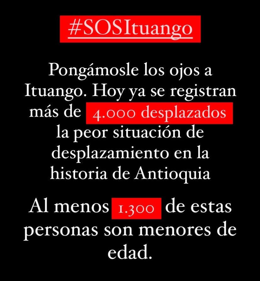 Mapamacias's tweet photo. #SOSItuango 

Los ojos de Colombia se tienen que poner en Ituango hoy. 

+4.000 personas desplazadas en la situación de desplazamiento más grande de la historia de Antioquia. https://t.co/NW6BPUyHao
