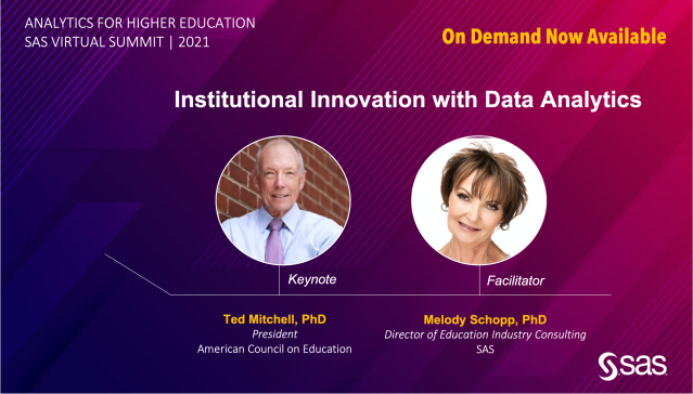 Join @SASSoftware's <a href="/DrMelodySchopp/">Dr. Melody Schopp</a> as she interviews Ted Mitchell, president of <a href="/ACEducation/">ACE</a>, about the role of data and analytics in solving the most pressing and relevant issues in #HigherEducation. Watch now: bit.ly/3x6F25W #SASHigherEdSummit