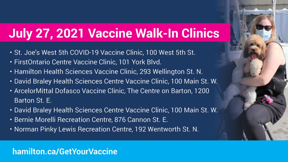 cityofhamilton's tweet photo. Get vaccinated! Walk-in today for first or second dose at any of these locations: https://t.co/bf1POR71sJ