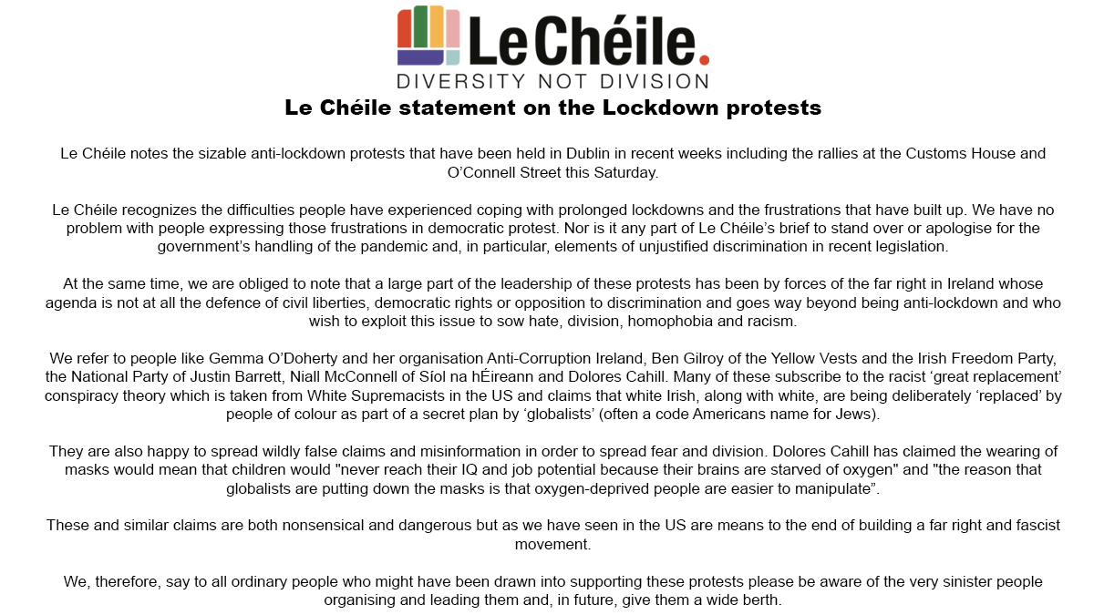 Our statement on the anti-lockdown protests.

#COVID19 
#DublinProtest 
#DiversityNotDivision 
#LeChéileDND