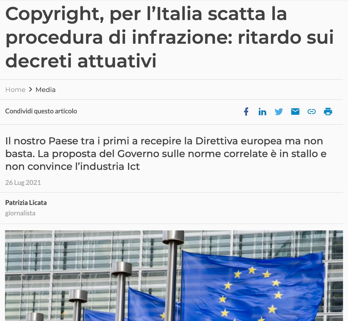 L'UE annuncia la procedura di infrazione contro l'Italia e altri 22 paesi per non aver completato l'iter di recepimento della Direttiva 2019/790 sul #copyright, il cui termine scadeva lo scorso 7 giugno. Per approfondire, vedi l'articolo su @cor_com: corrierecomunicazioni.it/media/copyrigh….