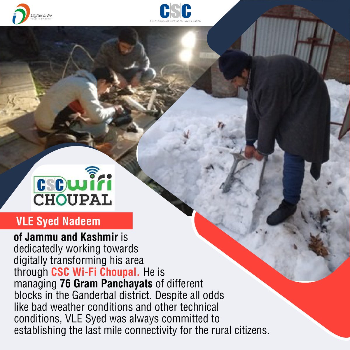 CSCegov_'s tweet image. VLE Syed Nadeem of Jammu and Kashmir is dedicatedly working towards digitally transforming his area through CSC Wi-Fi Choupal. He is managing 76 Gram Panchayats of different blocks in the Ganderbal district.

#CSC #DigitalIndia #CSCWifiChoupal #BharatNet #RuralEmpowerment