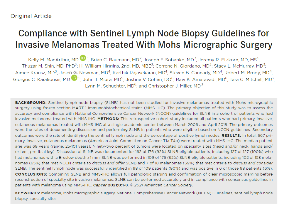 ACS Journal Cancer (@journalcancer) on Twitter photo Sentinel lymph node biopsy (SLNB) can be performed accurately and in compliance with consensus guidelines in melanoma patients treated with Mohs micrographic surgery. acsjournals.onlinelibrary.wiley.com/doi/full/10.10… <a href="/PennMedicine/">Penn Medicine</a> Sentinel lymph node biopsy (SLNB) can be performed accurately and in compliance with consensus guidelines in melanoma patients treated with Mohs micrographic surgery. acsjournals.onlinelibrary.wiley.com/doi/full/10.10… <a href="/PennMedicine/">Penn Medicine</a>