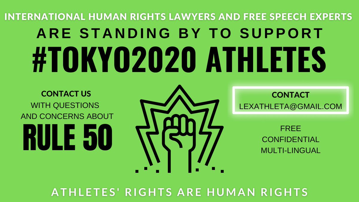 Please Share: ATHLETES w/out players' and athlete association support should contact an ad hoc group of lawyers &amp; freedom of speech experts for #Rule50, legal &amp; human rights resources. #Olympians #Paralympians #Tokyo2020 CONTACT: lexathleta@gmail.com