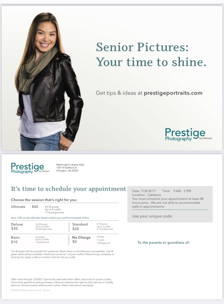 🚨Senior portraits begin Friday so Sign-up now! If you don’t have your unique code you can go to PrestigePortraits.com click the "Locate My School" link, enter Arlington and Virginia then find W-L &amp; click the (school) link to take you to the account to schedule an appointment.
