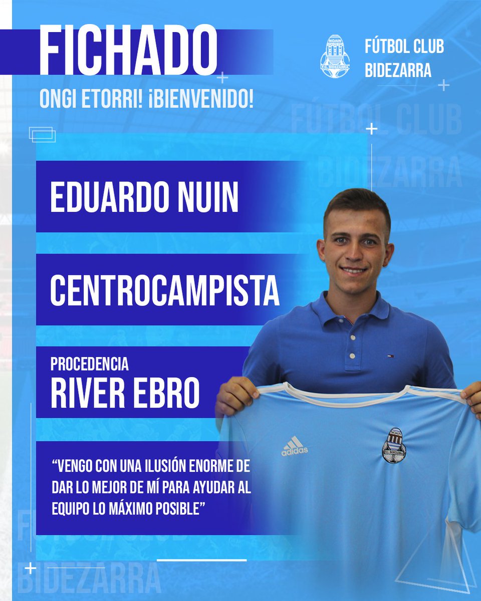 BidezarraFC's tweet photo. 💣 NUEVO FICHAJE

Seguimos construyendo la plantilla del primer equipo y esta vez toca reforzar el medio campo💪.

Edu Nuin es ya nuevo jugador del FC Bidezarra para la temporada 21/22👏.

Con este fichaje ganamos en calidad para la construcción del juego 🪄. https://t.co/gnslF2mNzA