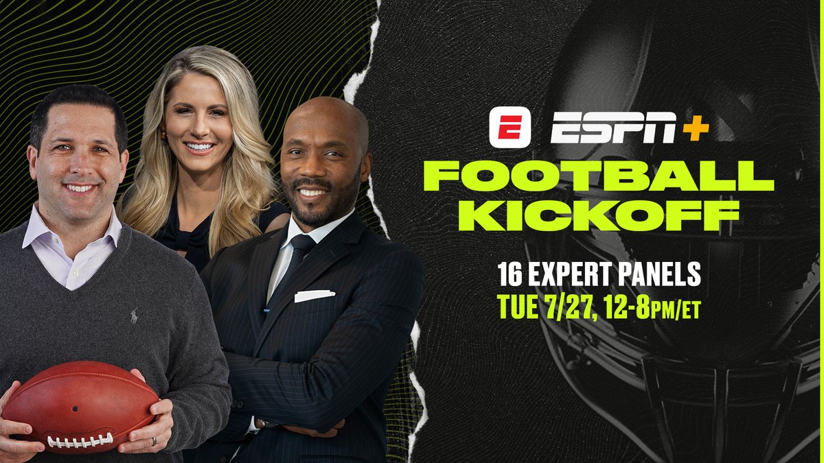 ESPNPR's tweet photo. Tuesday, don't miss the @ESPNPlus Football Kickoff

An 8-hour series of 16 expert panels with ESPN insiders, analysts &amp; reporters preparing fans for the 2021 football season

The 30-minute sessions begin at Noon ET

Complete panel schedule: https://t.co/P53ZNFyks8 https://t.co/g6Fw4NPWjx
