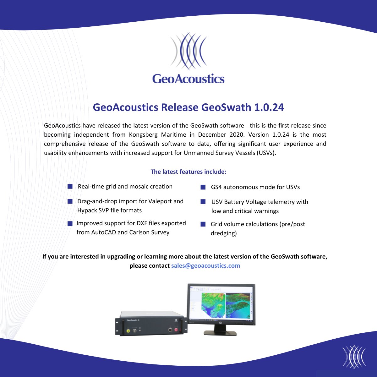 GeoAcoustics Ltd have released the latest version of the GeoSwath software used to collect and process bathymetric data from their GeoSwath system and are offering a simple, low-cost upgrade program for previous versions of the software. #geoacoustics