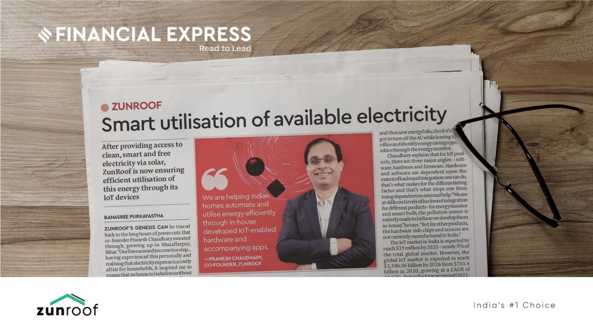 ZunRoof's tweet photo. After providing access to clean, smart, and free electricity via solar, ZunRoof is now ensuring efficient utilisation of this energy through its IoT devices 

A big thank you to @FinancialXpress for recognizing our efforts.
Read here,
https://t.co/UvocZhORbK https://t.co/DKCVbFWkTV