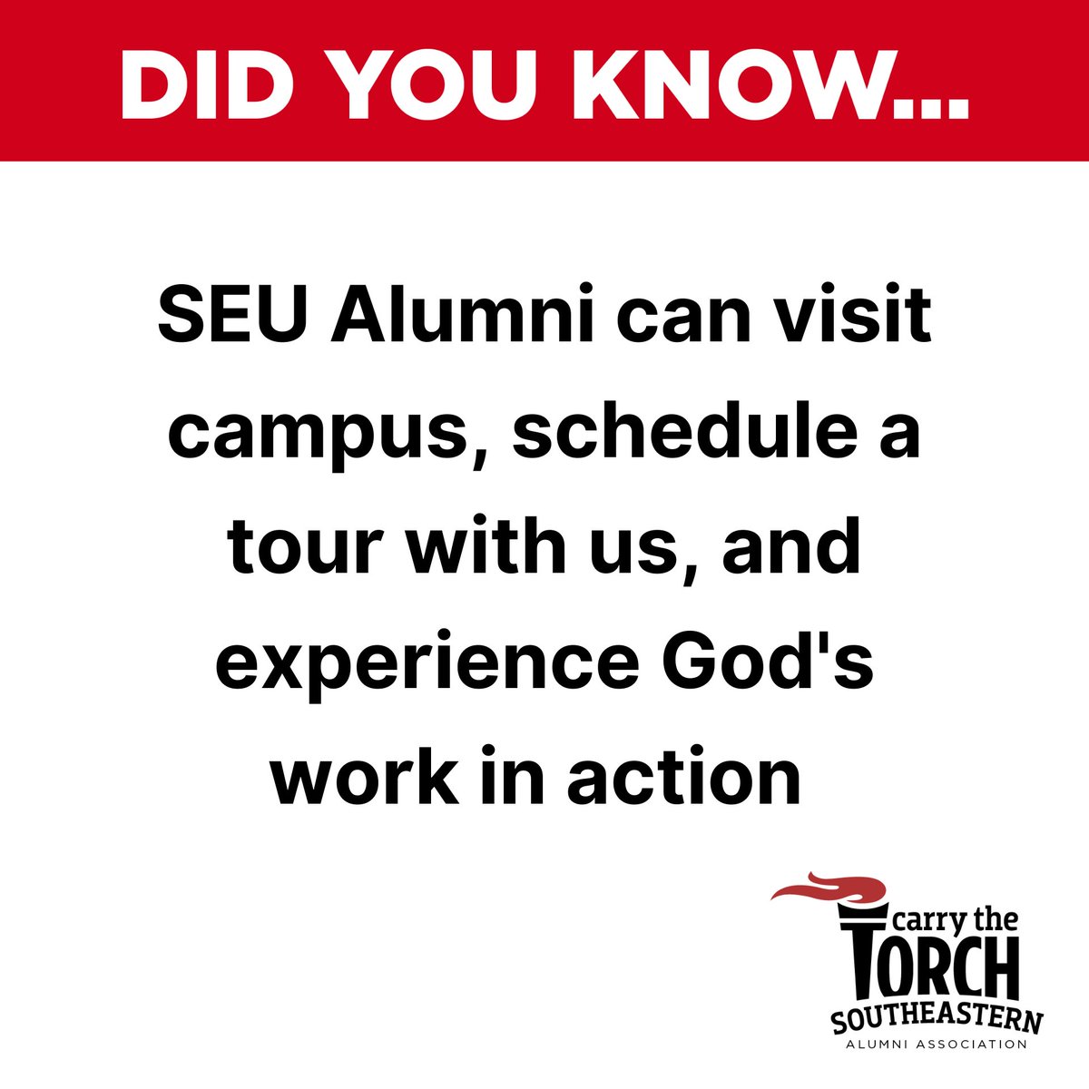 SEU_Alumni's tweet photo. Did You Know that we LOVE seeing alumni back at SEU?! Schedule a visit for yourself or your family today! See the progress we've made on campus since you attended by setting up a visit with us.
https://t.co/gjBAWrmGat
#SEUalumni #CarryTheTorch #FireForLife https://t.co/fIFV7zSfBr
