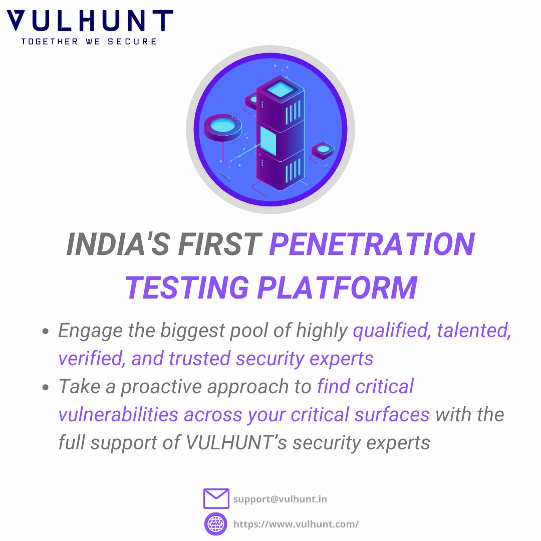vulhunt's tweet photo. At Vulhunt, we aim to be pioneers at crowd-sourced next gen penetration testing programs.
Reach out to us to learn more about how we can help you cover loopholes in your systems.
.
.
.
.
#CyberSecurity #SecurityBreach #VAPT #VulnerabilityAssessment #PenetrationTesting #BugHunting https://t.co/ncGiur00P4