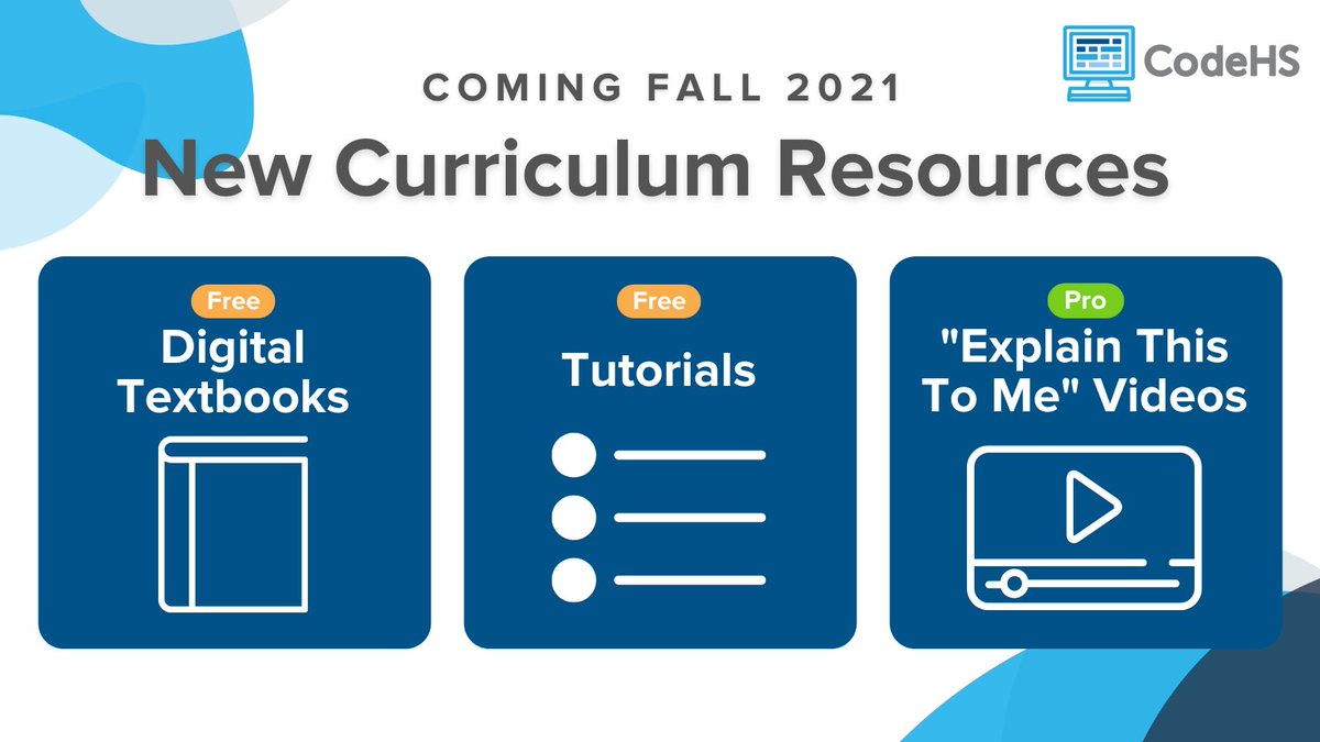 CodeHS's tweet photo. This Fall, CodeHS will be releasing new digital textbooks, tutorials, enhanced cheat detection features, and more. Keep an eye out for more information on these awesome new resources to level up your computer science classroom! #ReadWriteCode https://t.co/wdvqaHDrw0