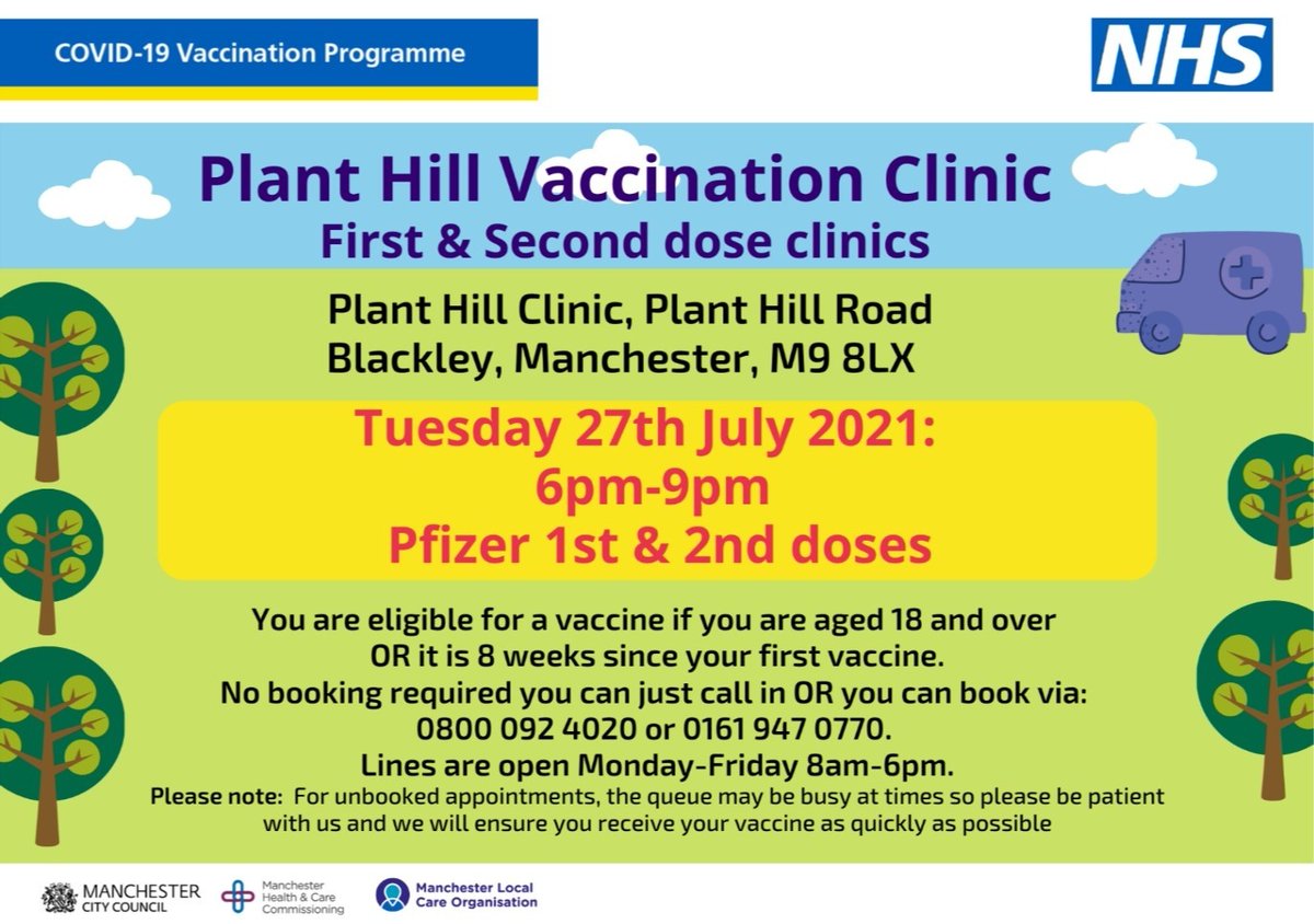 Do you need your 1st or 2nd Pfizer vaccine today? Our Plant Hill vaccination clinic is open until 9pm tonight🕘 Walk in appointments are welcome, or pre-book by calling 0161 947 0770. Lines are open 8am-6pm, Monday-Friday. #MANCHESTER #COVID19 #VACCINE 💉💙 @planthillclinic