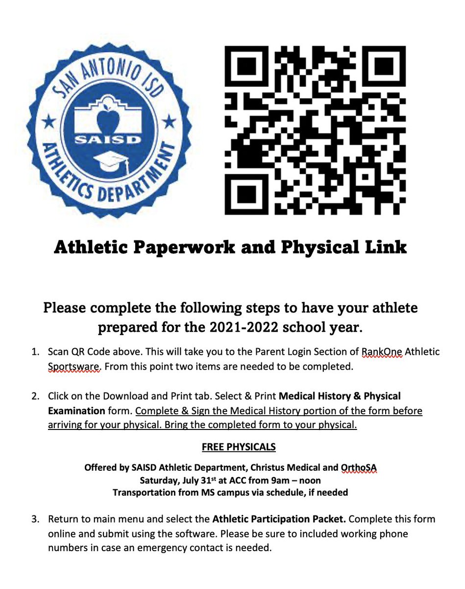 Laryn Nelson (@larynbnelson) on Twitter photo <a href="/BeaconHillSAISD/">Beacon Hill Academy, SAISD</a> PARENTS OF ATHLETES.... Free Physicals for 7th and 8th grade students.... See picture for directions.
PADRES DE ATLETAS .... Exámenes fĂsicos gratuitos para estudiantes de 7 ° y 8 ° grado .... Vea la imagen para obtener instrucciones. <a href="/BeaconHillSAISD/">Beacon Hill Academy, SAISD</a> PARENTS OF ATHLETES.... Free Physicals for 7th and 8th grade students.... See picture for directions.
PADRES DE ATLETAS .... Exámenes fĂsicos gratuitos para estudiantes de 7 ° y 8 ° grado .... Vea la imagen para obtener instrucciones.