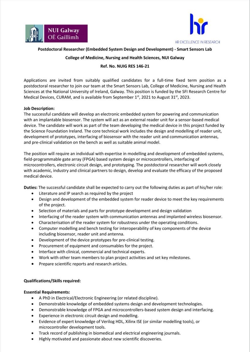 mjkrasny's tweet image. Applications are invited for a postdoctoral researcher to join our team at the Smart Sensors Lab (smartsensors.ie), @NUIGalwayMed, @nuigalway. Deadline 5th of August! #FPGA #embedded_programmer #embedded_systems #wireless #sensors #biosensor #medical_devices