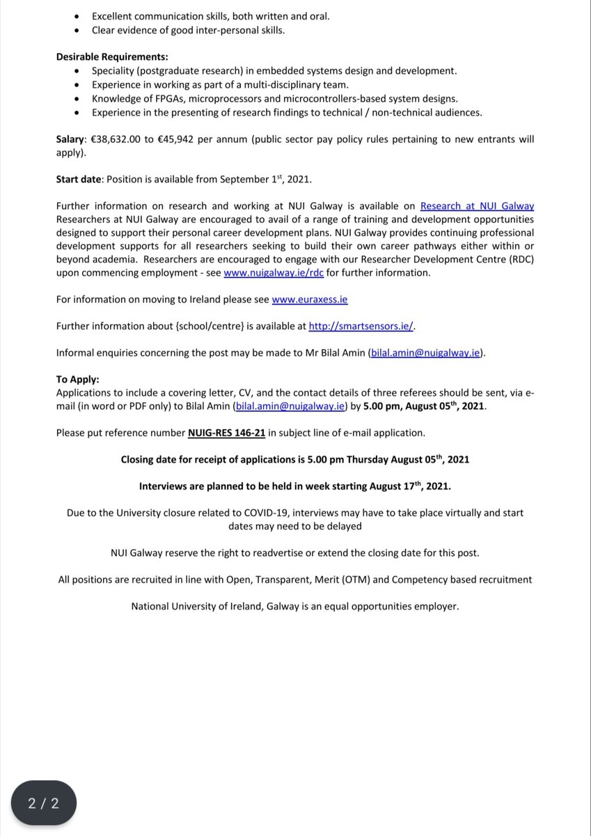 Applications are invited for a postdoctoral researcher to join our team at the Smart Sensors Lab (smartsensors.ie), @NUIGalwayMed,  @nuigalway. Deadline 5th of August! #FPGA #embedded_programmer #embedded_systems #wireless #sensors #biosensor #medical_devices