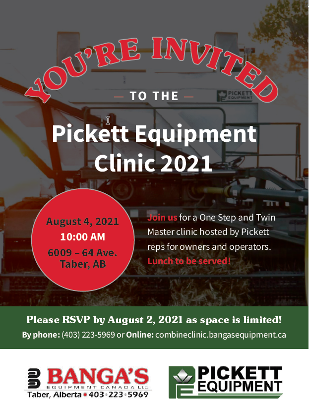 Don't forget to register for our annual Pickett clinic on Aug 4. Register online via combineclinic.bangasequipment.ca!