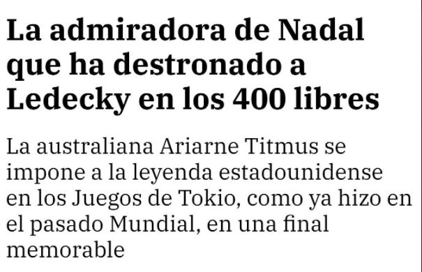 "La ex de Broncano".
"El hombre detrás de los éxitos".
"Una olímpica".
"La admiradora de Nadal".

Urge revisar cómo utilizamos el lenguaje y cómo invisibilizamos los éxitos de las mujeres en el deporte de maneras muy diferentes.