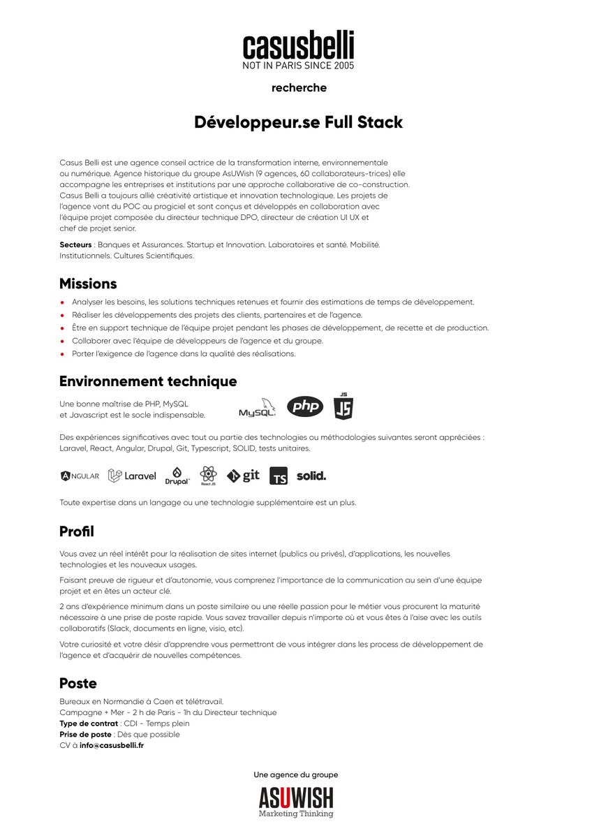 [Recrutement à partager] Casus Belli recherche un.e développeur.se web expérimenté.e. Si Angular, Laravel, React vous sont familiers et que vous souhaitez rejoindre une agence œuvrant sur des projets ambitieux, envoyez-nous votre candidature à job@casusbelli.fr