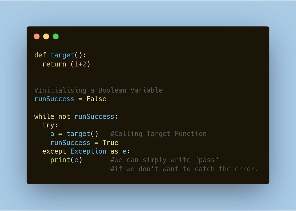 argent_codes's tweet photo. Wanna recall your function everytime you get an error?
Checkout the trick below💥
#100DaysOfCode #DEVCommunity #Python #PythonDev #Programmingtricks https://t.co/3LWtRcsVGq