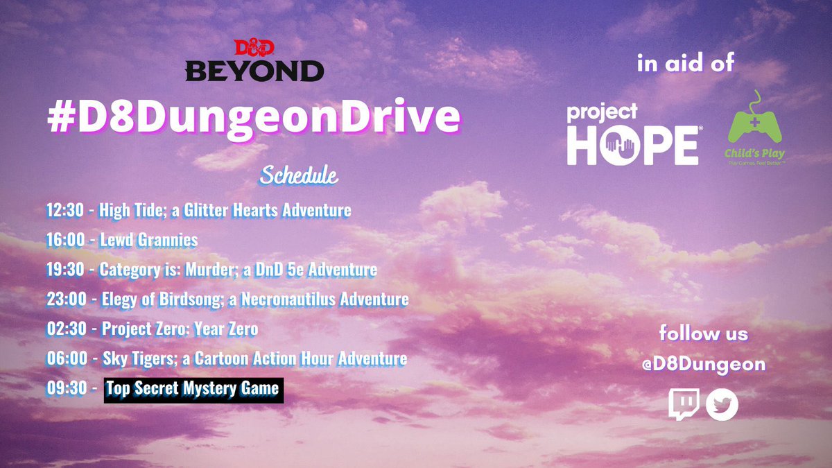 D8Dungeon's tweet photo. Alright D8ers! π€© Here is the MASTER THREAD for #D8DungeonDrive, our 24hr #TTRPG marathon on Twitch, starting July 31st! π https://t.co/SCWBYmUSWu π #TTRPGSolidarity #TTRPGLivestream #TwitchStream #CharityStream https://t.co/KvFvSVQw7Z