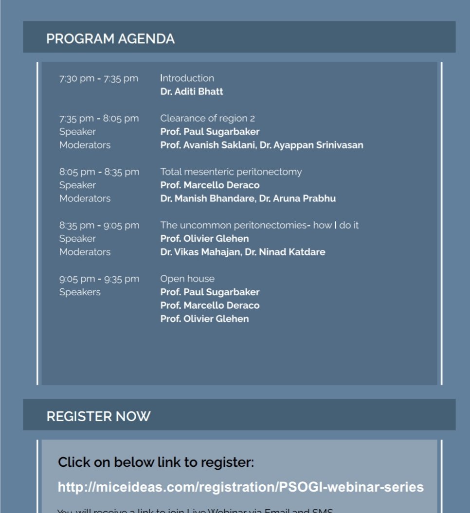 Coming up next.. Essential skills for a 'Complete' CRS 'The uncommon peritonectomies'- video session With #PaulSugarbaker #MarcelloDeraco #OlivierGlehen 20th August, 2021, Friday 7.00 pm IST 3.30 pm CET 9.30 am Eastern time Free registration at miceideas.com/registration/P…