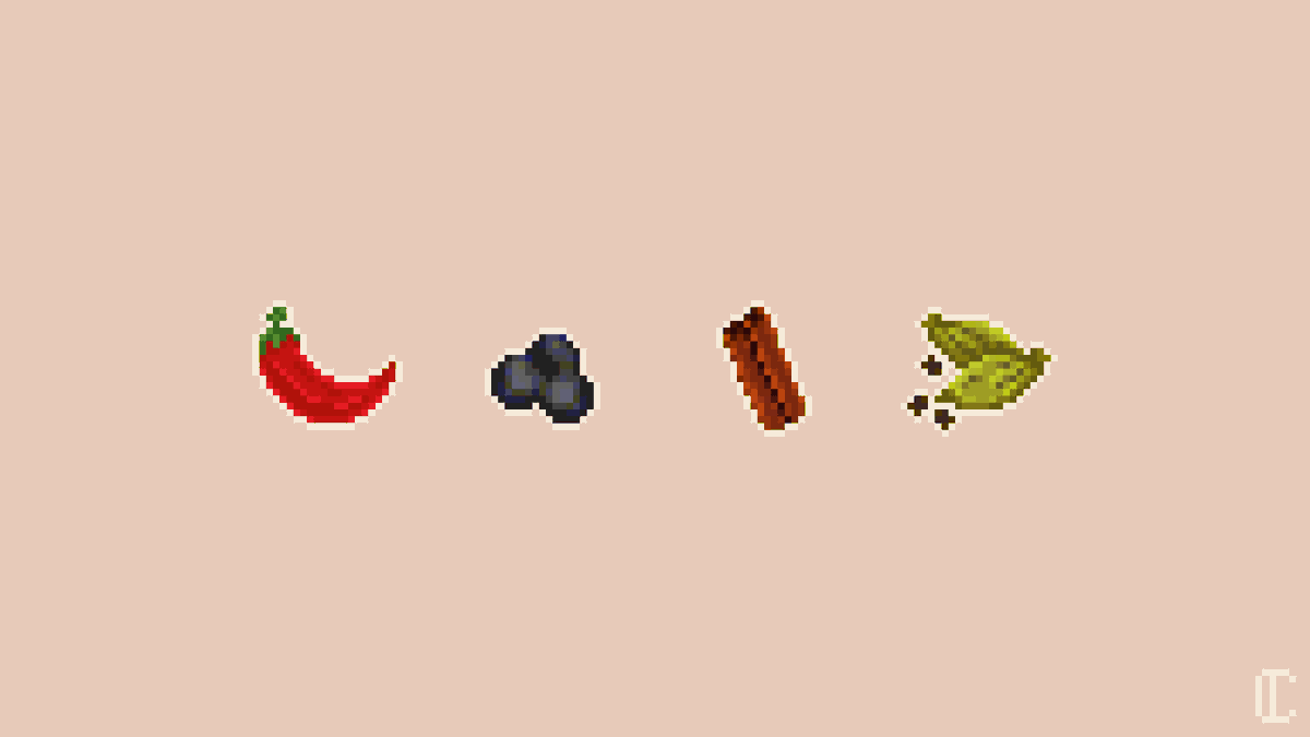 CornaPix's tweet photo. #Set of #Spices : chili, pepper, cinnamon &amp; cardamom for @Pixel_Dailies (restriction : max 32x32 per spice)

#pixelart #pixel_dailies #aseprite https://t.co/3RDrMC6Hvr