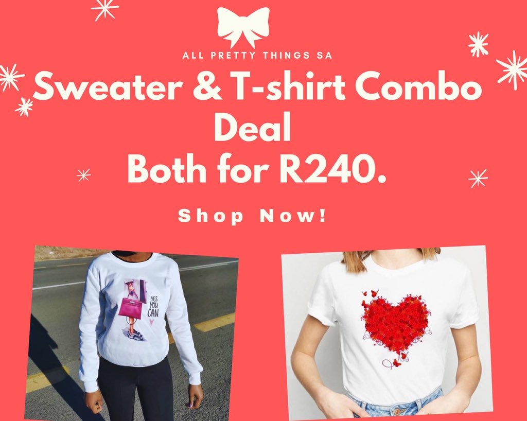 allprettythingz's tweet photo. Sweater &amp; Love Themed T-shirt Combo Deal! 🤩

Get both for R240 and save up to R200! While Stocks Last!

We deliver in SA via pep store or parcels can be collected for free at Ferndale, Randburg🚛

DM or WhatsApp us for Orders🛒

#TheWayNgingakhona | #SAMA27 | #Mnakwethu https://t.co/wXvSnrBVUm