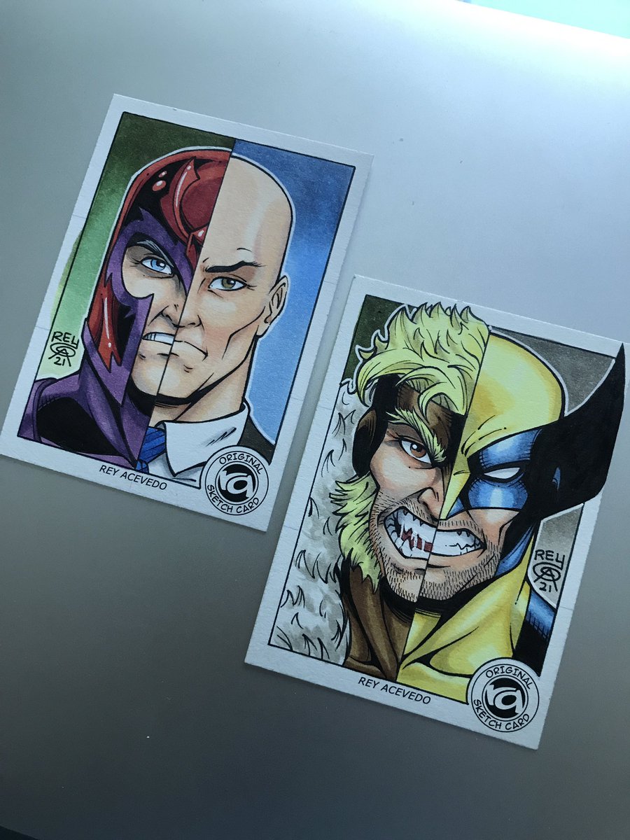 Here are two recent sketch card commissions. #magneto #xmen #charlesxavier #sabretooth #wolverine #marvel #professorx #marveluniverse #marvelcomics #marvelfanart #fanart #copic #copicinking #artisttradingcards #mutants #sketchcards #sketchcardmob #reyacevedoart