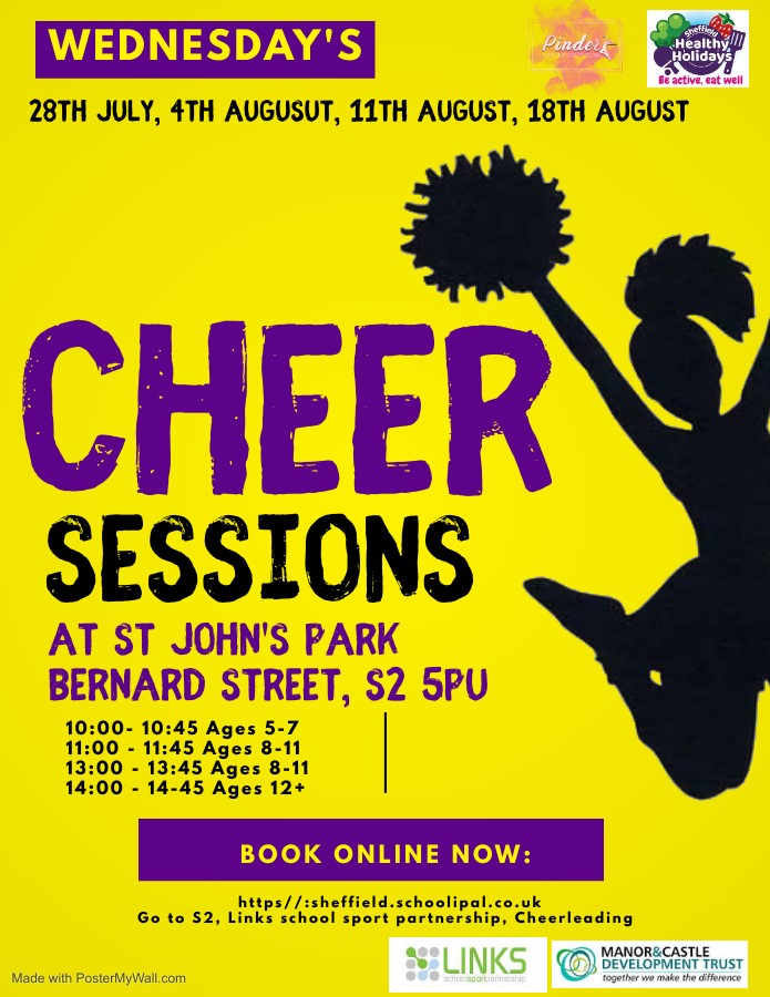 LinksSSP's tweet photo. Check out this amazing Cheerleading opportunity at St John`s Park, S2.... Open to young people in receipt of Free School Meals via the Healthy Holidays website. You`ll love it!!! 👌 @springsacademy1 @SheffPark_Acad @sheffieldemmaus @PrinceEdwardShf @ArbourthorneCPS https://t.co/K46DhAJ30Z