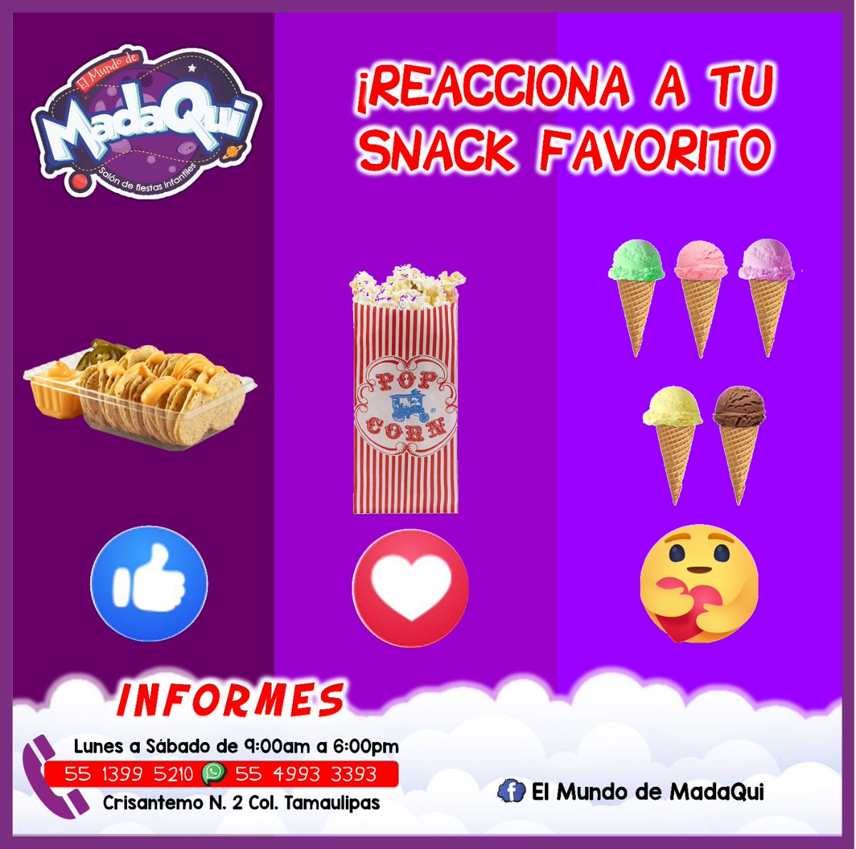 MundoDeMADAQUI's tweet photo. #SabíasQue 🍿🍦
¡Los paquetes Básico y Especial te incluyen snacks! Puedes contratar vía #WhatsApp https://t.co/N3Iv0U98J7

🚘 O también puedes visitarnos y conocer los paquetes que tenemos para ti. 
https://t.co/c2is4Jtqw1

#SalónDeFiestas #ElMundoDeMadaQui https://t.co/y7B12fdQJc