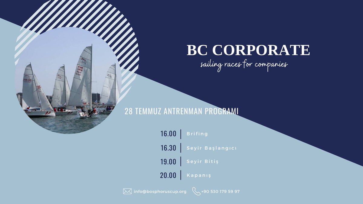 BC CORPORATE ilk antrenmanı yarın!

Program:

16.00 - Brifing
16.30 - Seyir Başlangıcı
19.00 - Seyir Bitiş
20.00 - Kapanış

Tüm yelken severleri bekliyoruz.

Kayıt için:
+90 530 179 59 97
info@bosphoruscup.org