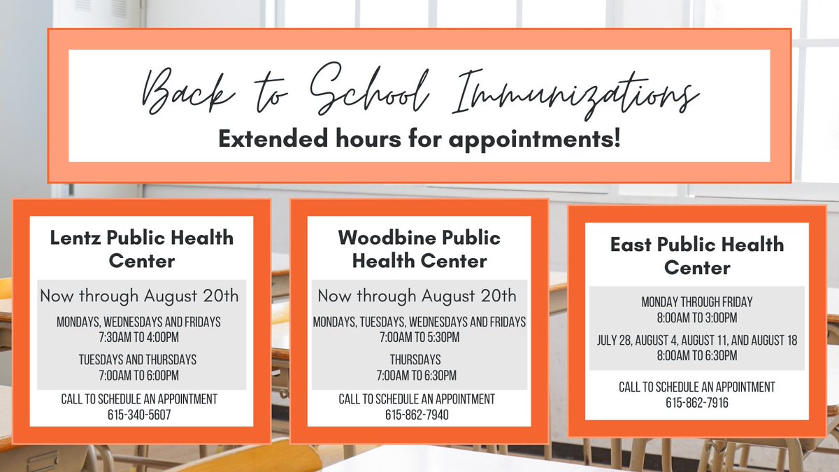 NashvilleHealth's tweet photo. The first day of school will be here before you know it! Make sure the students in your life are ready with their back-to-school immunizations. Our team is expanding our hours to help make sure more students can get appointments to get their immunizations. https://t.co/nLFHsrBOF2