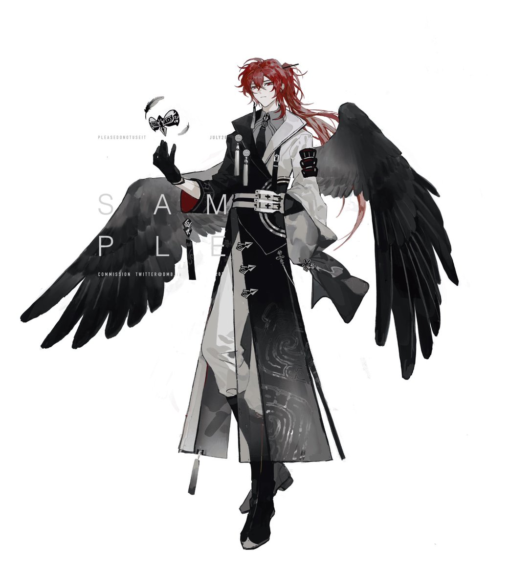 diluc (genshin impact) 1boy male focus long hair red hair solo gloves wings  illustration images