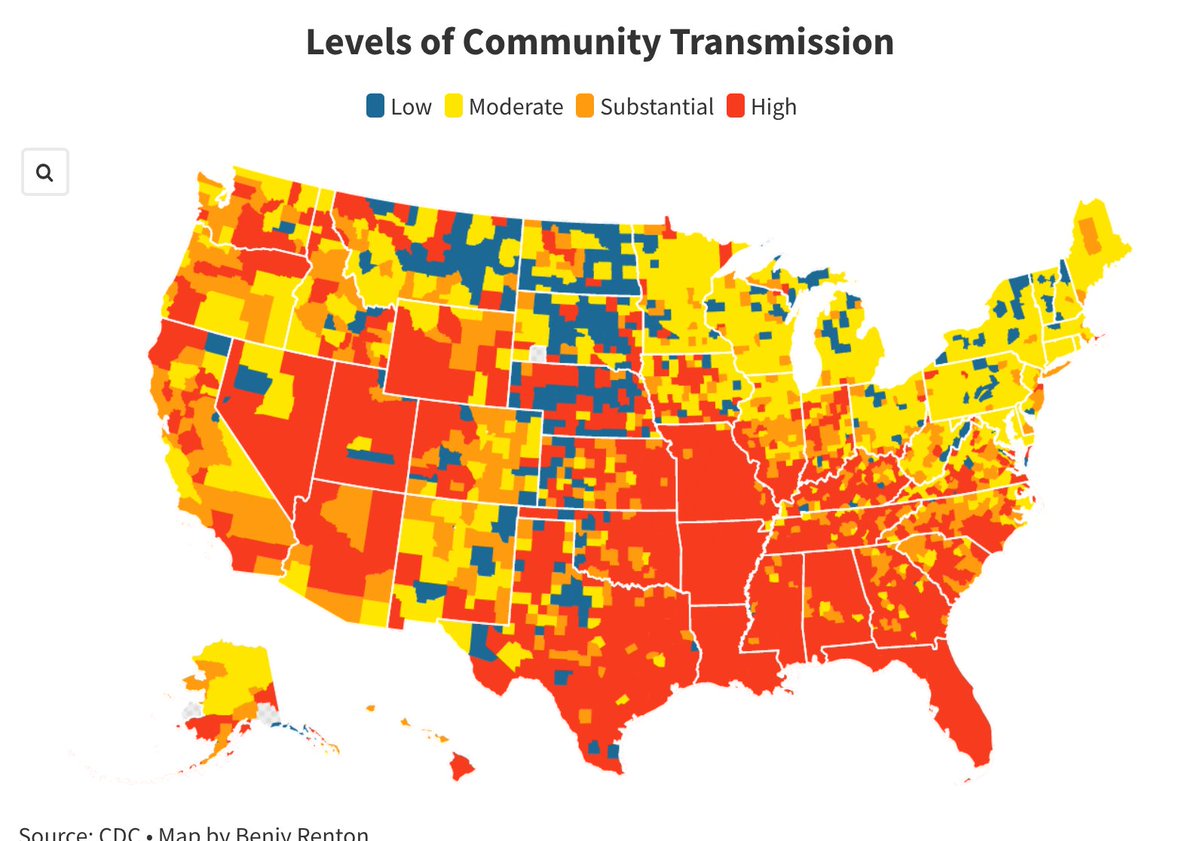 bhrenton's tweet photo. Today, CDC updated its guidance to recommend those who are fully vaccinated wear masks in public indoor settings in areas where there is "substantial and high transmission."

According to CDC data, nearly 68% of Americans live a county with substantial or high transmission. https://t.co/nEwA5jQgKD