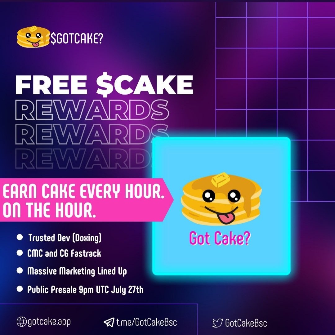 Cryptoboss2000's tweet photo. 🥞 $GOTCAKE? 

🚀 PUBLIC PRESALE (TUES 27TH) 11PM UTC
☎️ https://t.co/Y9LWV3lgJo
👉 https://t.co/qyHUlD6Cww

💰MASSIVE $CAKE REWARDS FOR HOLDING
🔥BIG MARKETING LINED UP
🧨 CMC &amp; CG FASTTRACK!
🔒 TRUSTED DEV (DOXXING)

🍰 8% $CAKE Rewards
💦 4% Liquidity
🧮 4% Marketing/BuyBack https://t.co/eR24SEl1RA
