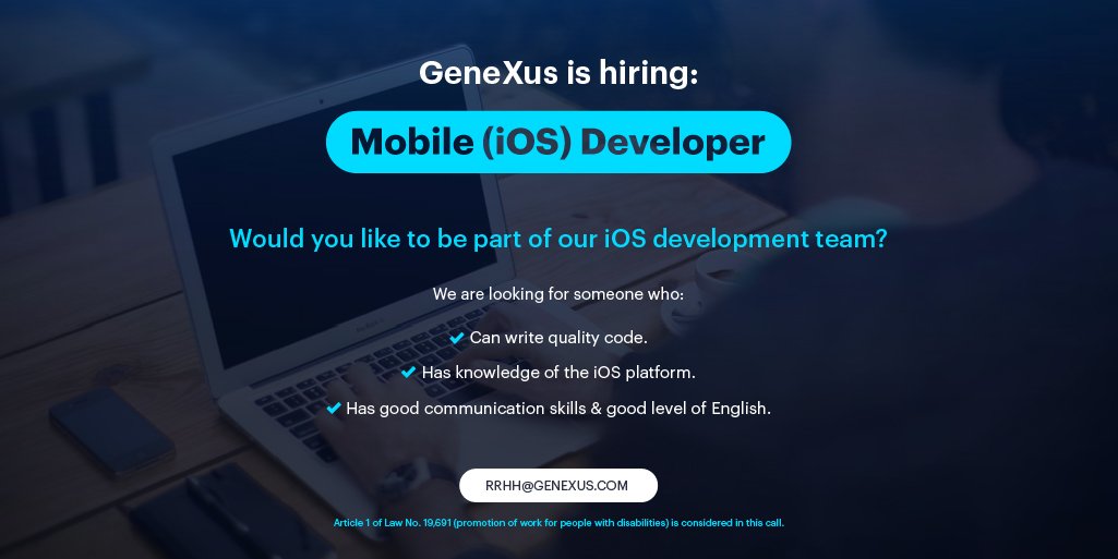 GeneXus is hiring 👉 𝐌𝐨𝐛𝐢𝐥𝐞 (𝐢𝐎𝐒) 𝐃𝐞𝐯𝐞𝐥𝐨𝐩𝐞𝐫
To apply for this opportunity, please send your resume to rrhh@genexus.com pic.x.com/R08akLuvS5