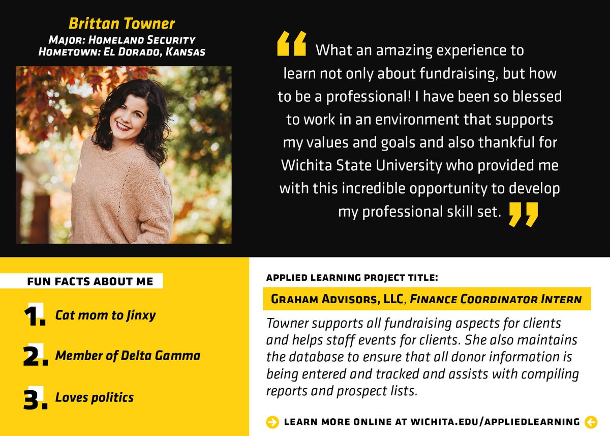 ShockerCareer's tweet image. 🎉Continuing #NationalInternWeek with a congrats to @WichitaState Homeland Security major, Brittan Towner, with her position with Graham Advisors, LLC as a 💰Finance Coordinator Intern - that is awesome! 

We love to see you develop your professional skill set!
@FairmountWSU