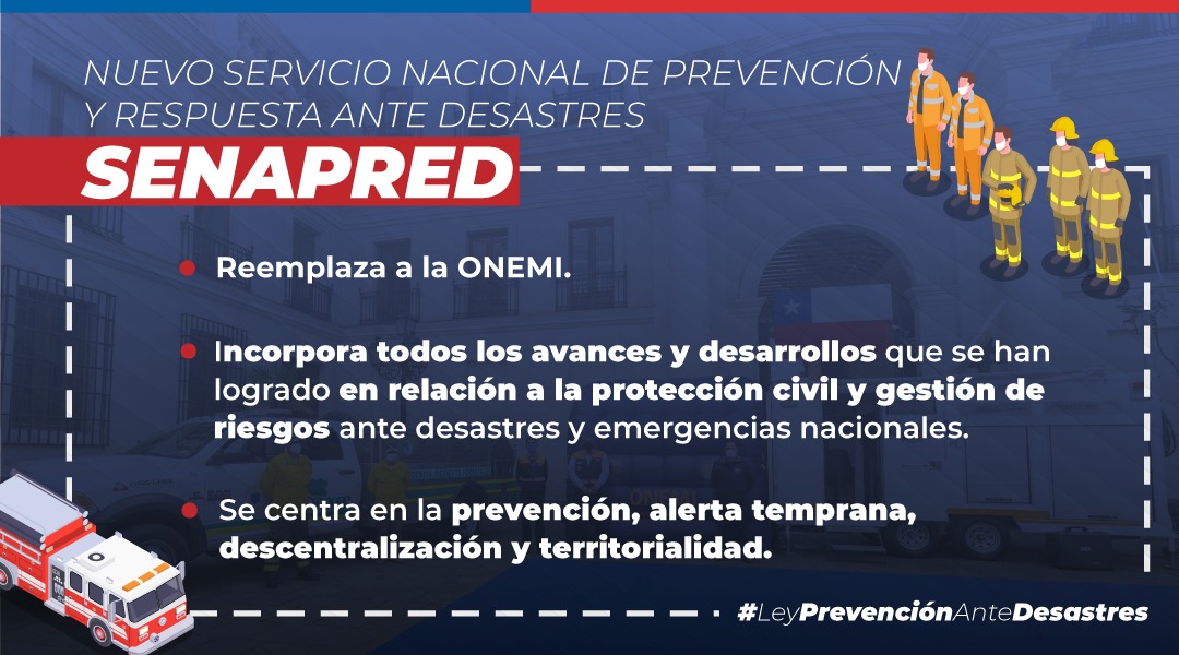 Hoy se promulgó la #LeyPrevenciónAnteDesastres, para la creación de un nuevo Servicio, que se centrará en la prevención, alerta temprana, descentralización y territorialidad. Conoce más detalles sobre la ley que sustituye a la Onemi. <a href="/onemichile/">Ex ONEMI</a> <a href="/GobiernodeChile/">Gobierno de Chile</a> <a href="/muniquilicura/">MUNIQUILICURA</a>