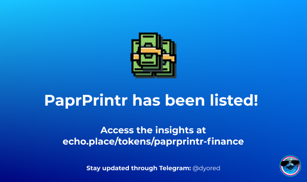 echodapp's tweet image. Have you heard about @paprprintr?

#DYOR instantly on the first decentralized algorithmic stable coin using Permaburn and Permapump technology.

Very cool info @ echo.place/token/paprprin…