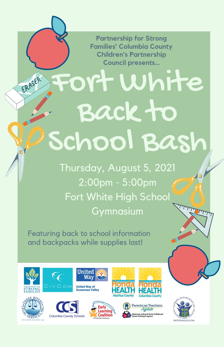 PLEASE SHARE:

PSF's Children’s Partnership Council is hosting the annual Fort White Back to School bash next Thursday, August 5th from 2-5 at the Fort White High School gymnasium! Join us for free backpacks, select supplies and information while supplies last. #BackToSchool