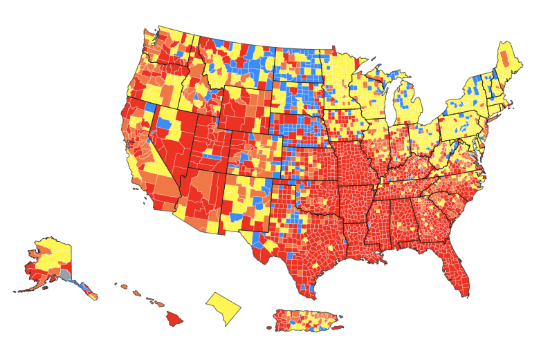 CDC recommends vax’d folks wear masks indoors in places with “substantial” and “high” transmission.

“Substantial”: 50-100 cases per 100,000 people over seven days

“High”: More than 100 cases

If your county is orange or red on this map, it would qualify. covid.cdc.gov/covid-data-tra…