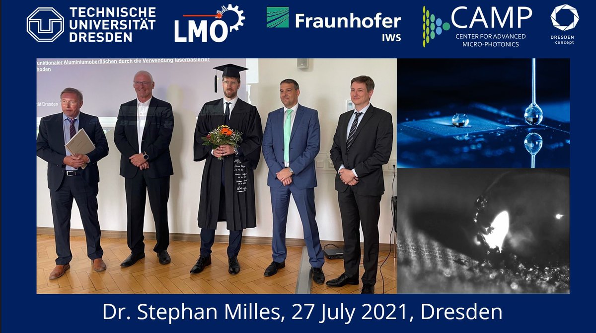 AndresLasagni's tweet image. Congratulations to Dr. Stephan Milles for the successful defense of the PhD thesis entitled “Fabrication of multifunctional aluminum surfaces using laser-based texturing methods”
@tudresden_de @FraunhoferIWS #laserprocessing #Surfacefunctionalization