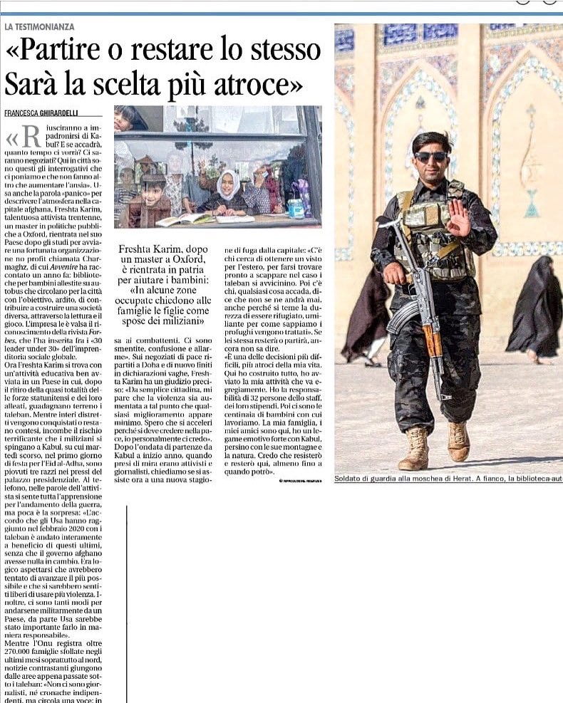 Our wonderful Director, Freshta Karim,   interviewed for Avvenire newspaper! It makes us so happy to see everyone around the world wanting to learn about Charmaghz and the work we do. 🚌📚🧠 #librariestransform #literacy