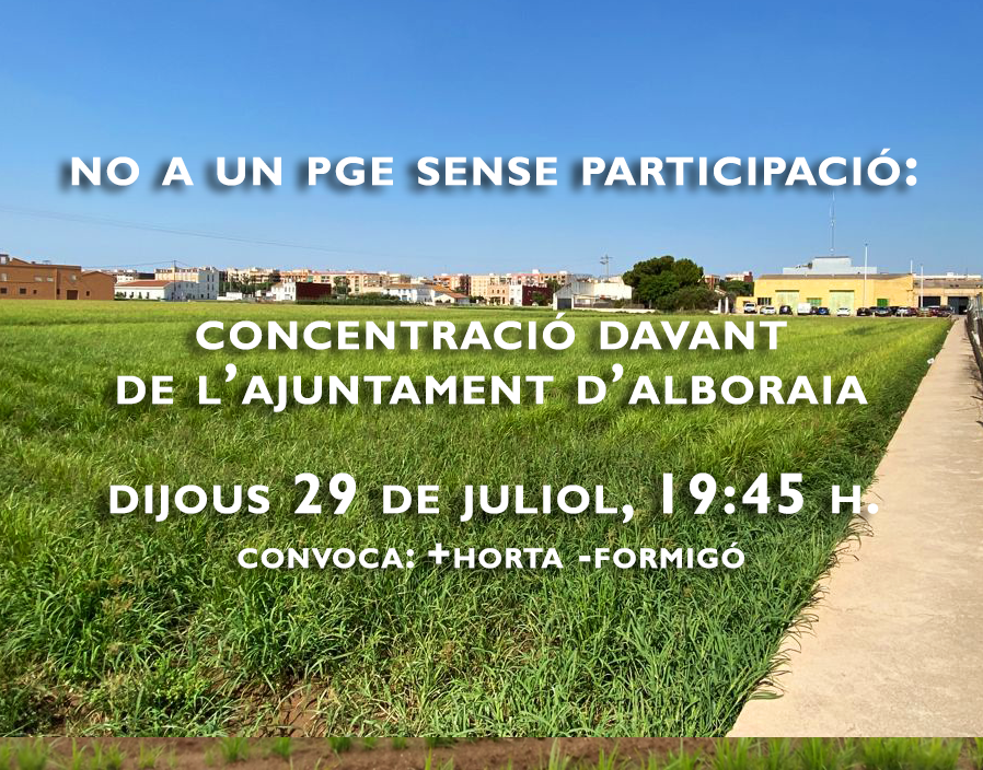 Els publireportatges de la nova proposta de PGE de <a href="/ayto_alboraya/">Ajuntament d'Alboraia</a> no parlen de cóm han decidit no respondre a veïns i veïnes al·legants i ignorar les demandes d'un procés de participació ciutadana. El dijous 29 a les 19:45h recordem junt a +Horta -Formigó que #NOÉSELMEUPGE