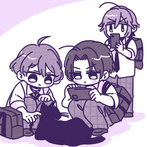 3boys multiple boys cat bag ahoge male focus phone  illustration images