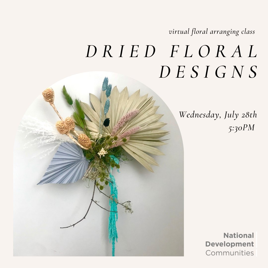 We’re hosting a virtual floral workshop with <a href="/fleurstoyou/">Fleurs To You, Inc.</a> Wed. 7/28 @ 5:30 pm for all #NDCommunities residents! Learn how to work with dried flowers and make a beautiful arrangement to brighten your space. All supplies provided. #LoveWhereYouLive #VirtualEvents #Zoom