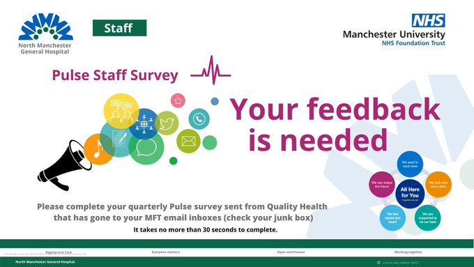 NorthMcrGH_NHS's tweet photo. #teamNMGH it's that time again when your views are needed for our staff survey, only 9 questions and it takes less than 30 seconds to complete. See newsletter for more. https://t.co/sHQMqJ1pE8