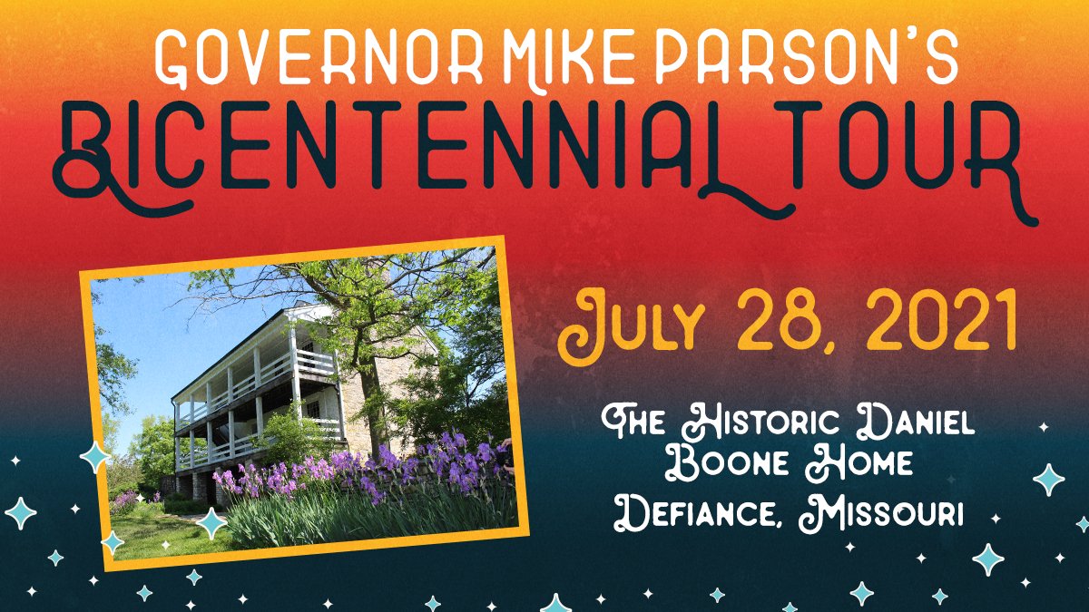 sccmo's tweet photo. The public is invited to join @GovParsonMO as he visits The Historic Daniel Boone Home, 9:45-10:30 a.m., July 28. The visit is part of the Governor's Bicentennial Tour, highlighting Missouri's history as we celebrate 200 years of the State of Missouri. https://t.co/DEvUflbHHu https://t.co/xkt9vqMEUR