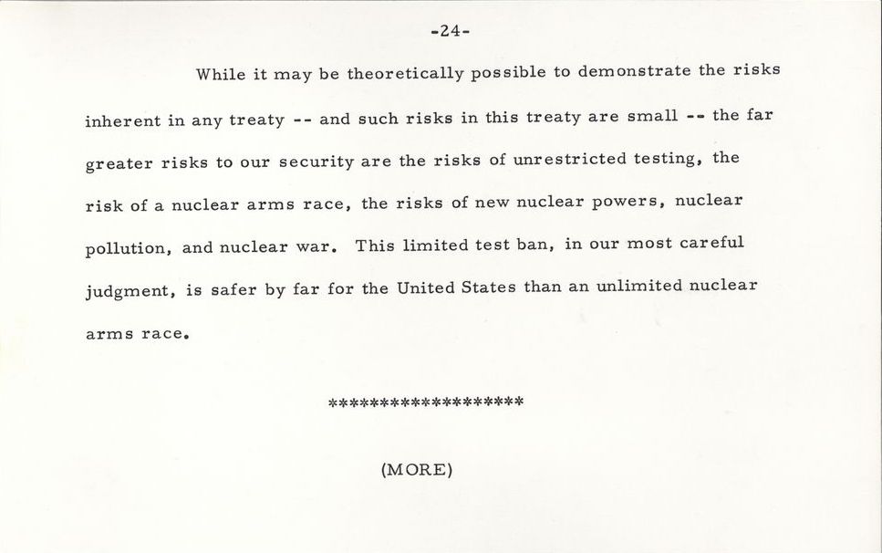 JFKLibraryFdn's tweet photo. This week in 1963, the US &amp; USSR agreed to ban nuclear testing in the atmosphere, space, and underwater.

In an address to the nation, Kennedy stated that a limited test ban "is safer by far for the United States than an unlimited nuclear arms race."

📽️: https://t.co/7p2TKu1cPj https://t.co/lxjifmB9Nm